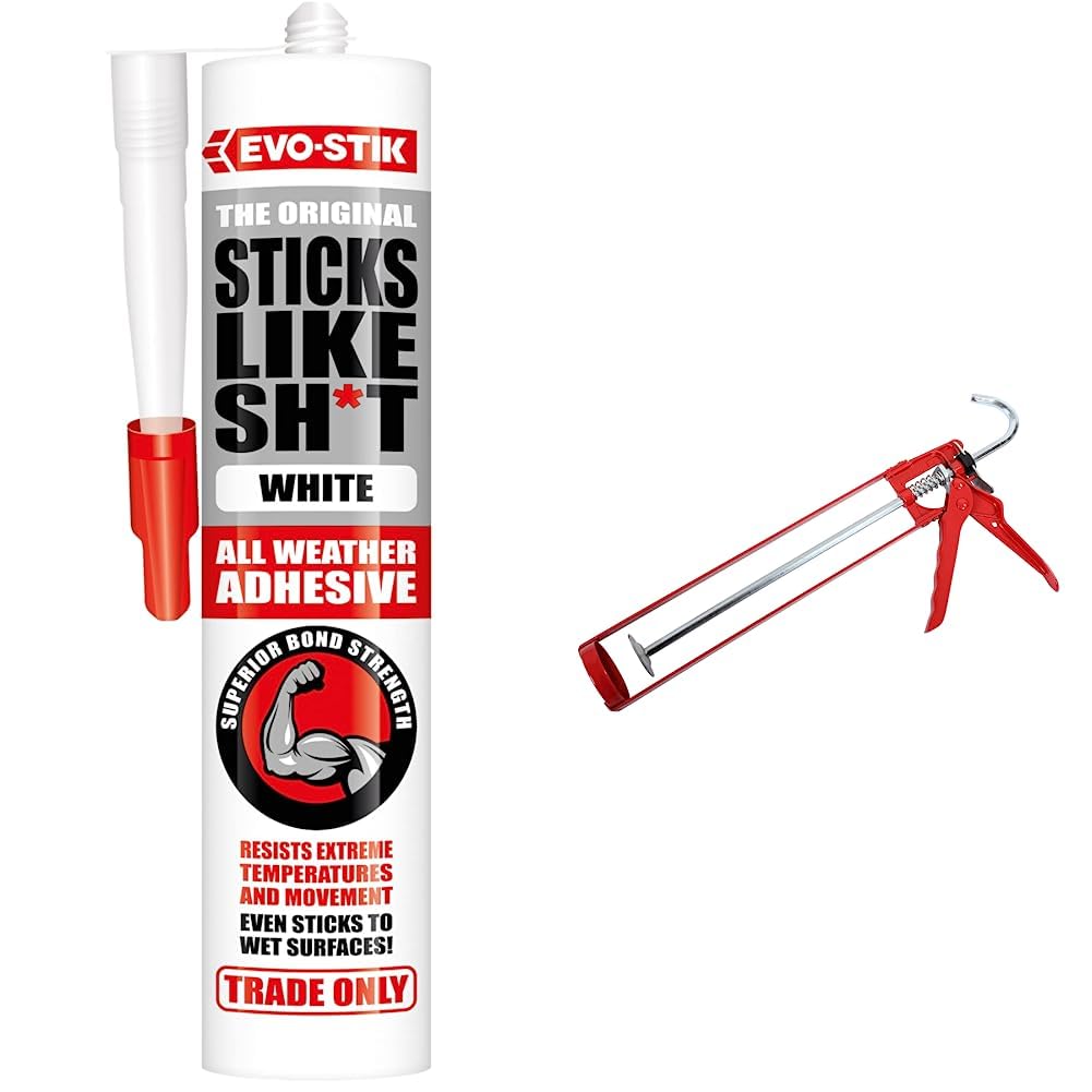 EVO-STIK Sticks Like Sh*t Adhesive, All Weather, Extreme Temperature & Movement Resistant, Colour: White, Size: 290ml & ProDec MG11ES Extra Strong Skeleton Caulking Gun, Red,400ml and 310ml