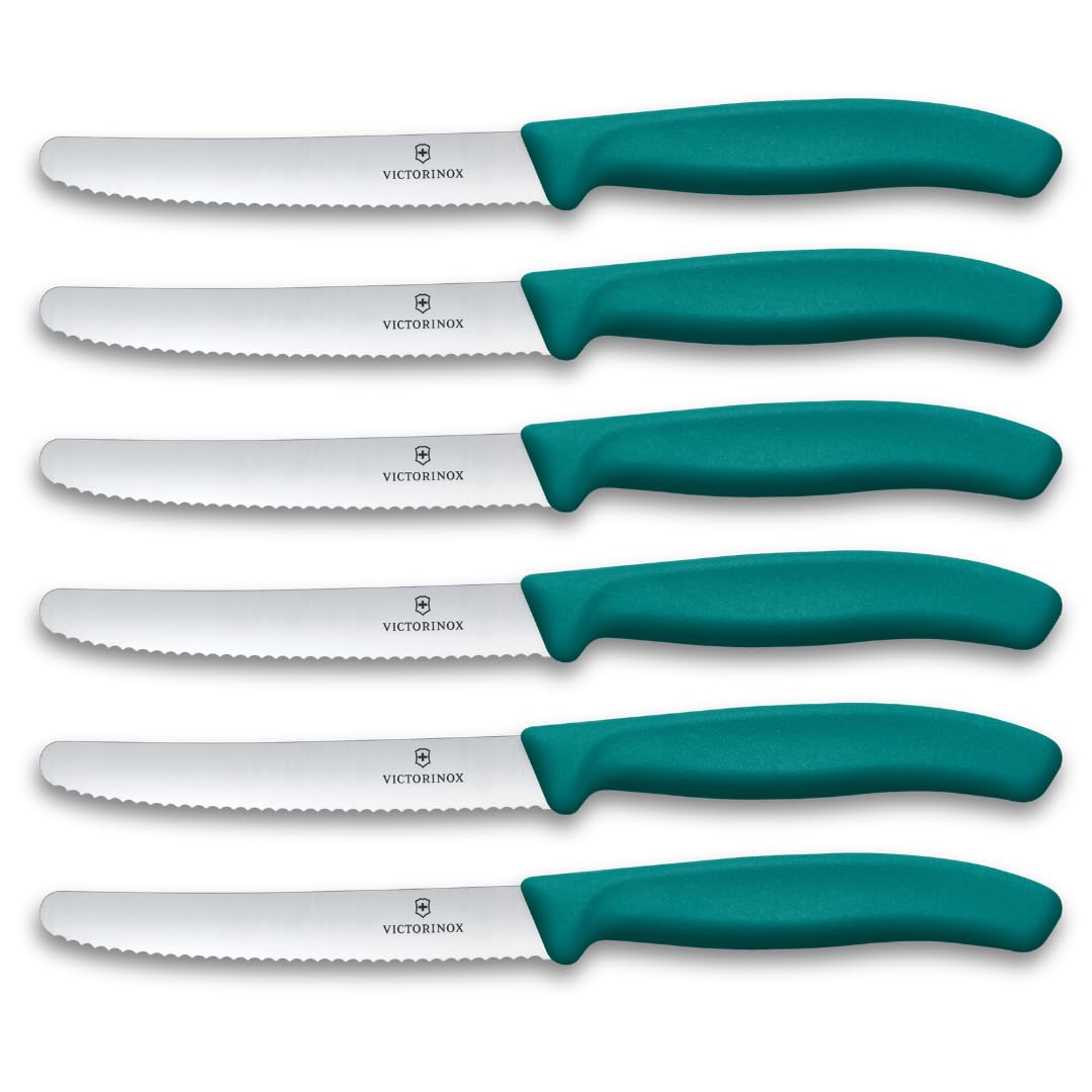 Victorinox Swiss Classic Lot de couteaux à tomates et de table pour pros, 6 pièces, Tranchant denté, Lames tranchantes, 11 cm, Poignées plastique solides, Vert