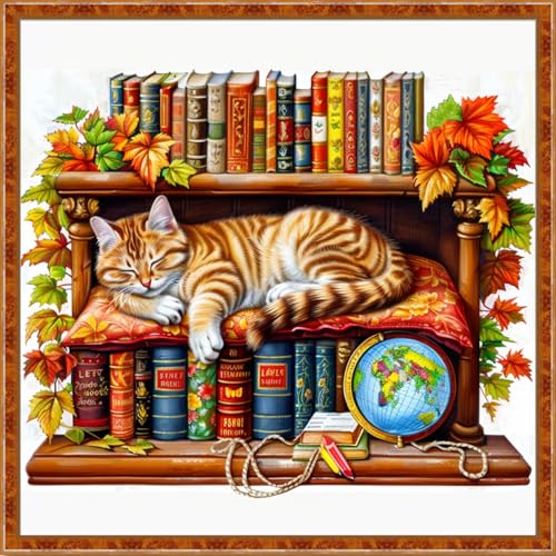 Image of Findvoor Stamped Cross Stitch Kits for Beginner Embroidery Kits for Beginners Adults DIY 11CT Cross Stitch Patterns Needlepoint Kits Crossstitching Kits-The cat on the Bookshelf 18x18 inch