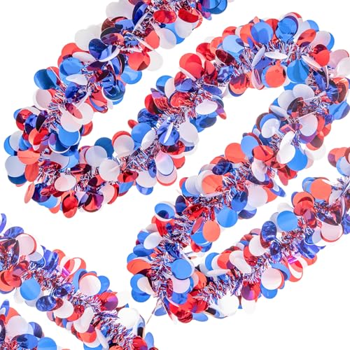 Image of 33FT 4th of July Patriotic Tinsel Garland Red White Blue Glitter Metallic Twist Foil Tinsel Garland for Independence Day Memorial Day Party Door Tree Indoor Outdoor Decoration