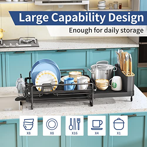 Herjoy Dish Drying Rack For Kitchen Counter, Large Dish Rack Expandable Black Drying Dish Drainers Rack, Anti-Rust Drying Rack With Drainboard And Cup Holders Rack Organizer #TOP2