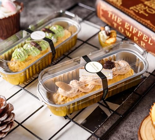Image of NPLUX Loaf Pans with Lids, 50 Pack Gold 6.8oz for Dessert Displays | Suitable for mini breads, tart portions, dips and sweets; cover-after-cooling setup helps cut repacking steps.