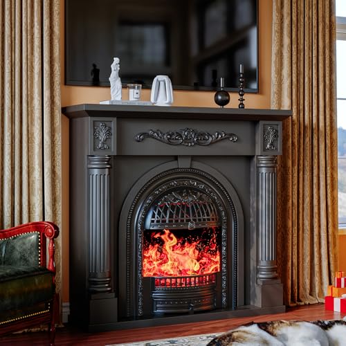 Image of 45 Inch Electric Fireplace with Mantel, Solid Wood Fireplace TV Stand, Roman Column Fireplace Entertainment Center, Electric Fireplace Heater with Black Birdcage Insert for Living Room, Black