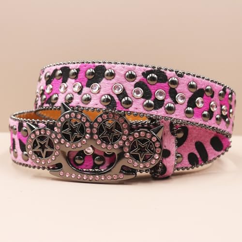 Women Leopard Print Pattern Western Belt Strap for Women Men,Shining Cat's Claw Hollow Rhinestones Studded Buckle(125cm/49, Pink)2