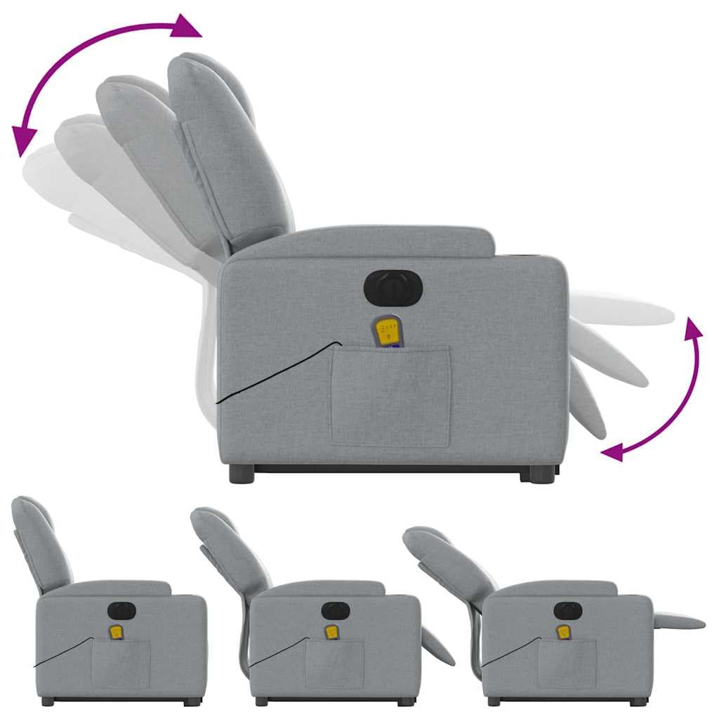 Elektrischer Massagesessel mit Aufstehhilfe Hellgrau Stoff, 6-Punkt-Vibrationsmassage, Verstellbare Rückenlehne und Fußstütze, Robust Metall- und Holzgestell