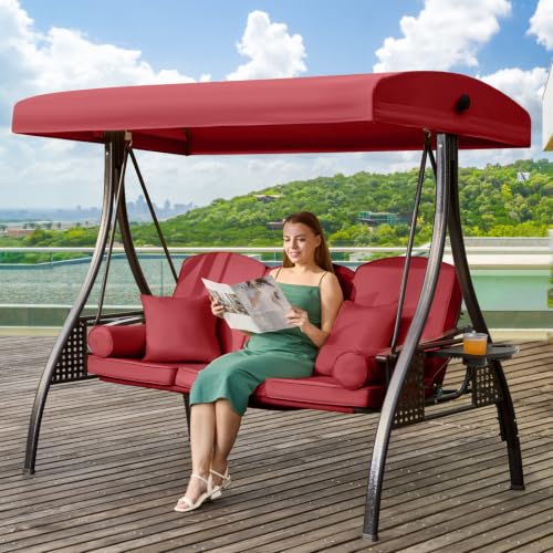 Image of 3 in 1 Outdoor Porch Swing with Adjustable Canopy, 3 Seat Outdoor Swing for Adults, Patio Swing Chair with Thickened Cushions,Pillows & Cup Holders for Backyard, Porch, Garden (Wine Red)