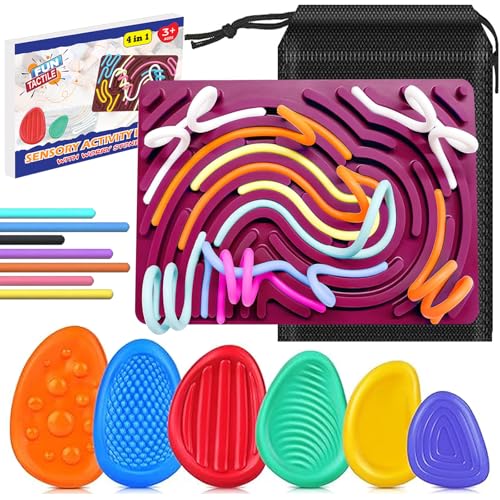 FUN TACTILE Sensory Activity Board with 6 Pack Textured Worry Stones - Silicon Sensory Fidget Toys for Kids & Adults - No Mess, Calming for Anxiety, Stress Relief Fidgets, Skin Picking, ADHD & Autism