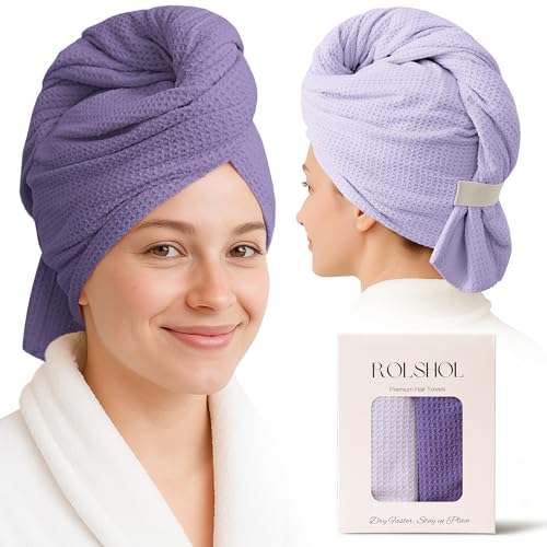 Image of ROLSHOL 2 Pack Microfiber Hair Towel Wrap for Women, 32 inch x 11 inch Waffle Weave Hair Plopping Towel for Curly, Long & Thick Hair, Anti-Frizz Hair Turbans for Wet Hair (Deep Purple,Light Purple)