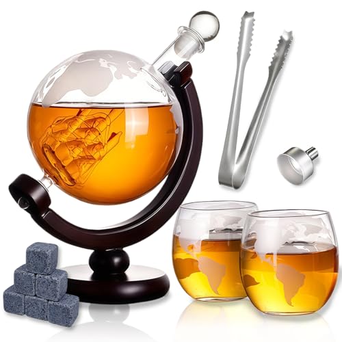 Whiskey Decanter and Glass Set,Global Decanter,Decanter with 2 Wine Glasses and 6 Ice Stones,Glass Gift Sets for Wine Whiskey Scotch Vodka