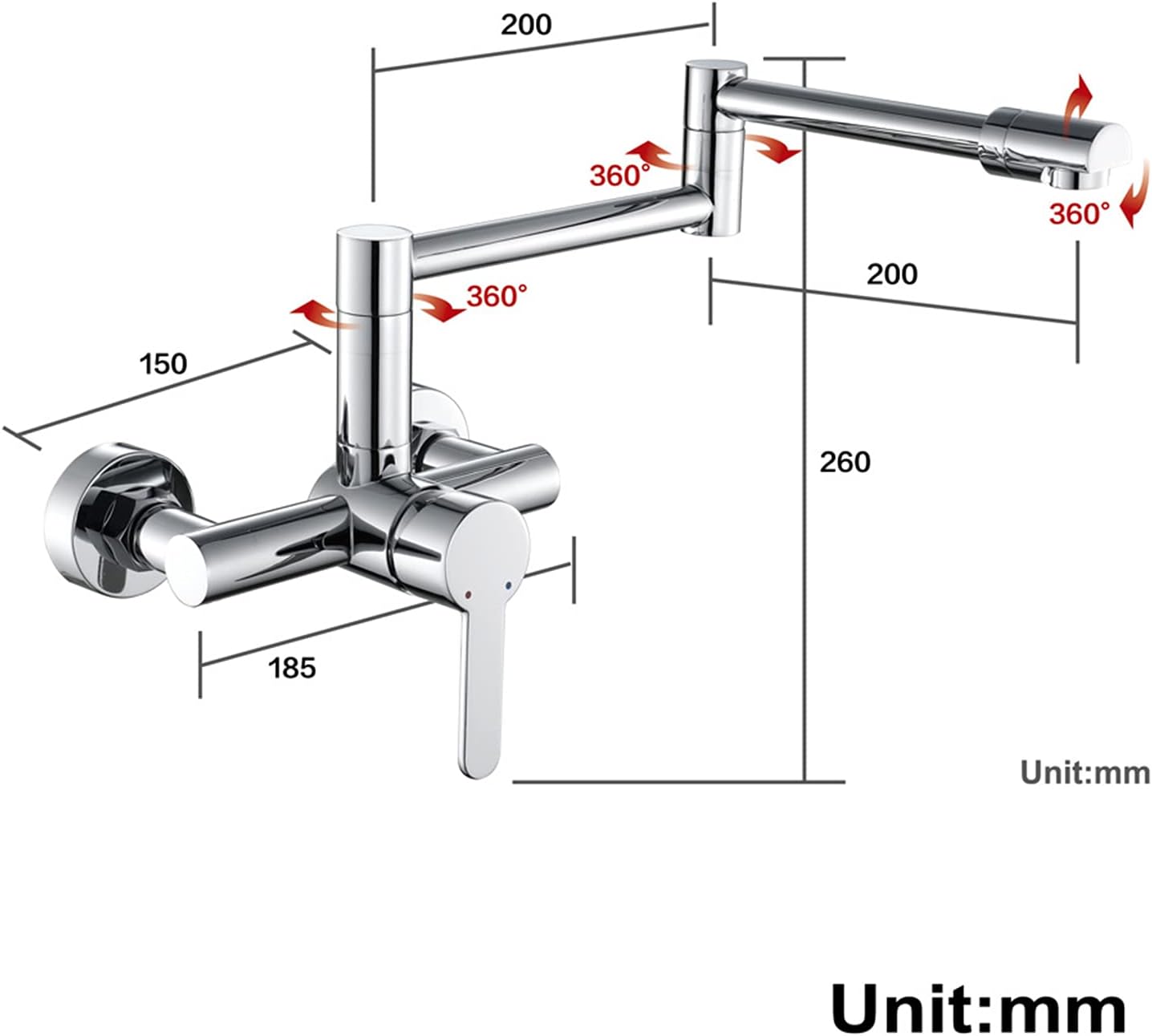 Pot Filler Faucet Wall Mounted, Solid Brass Folding Stretchable Kitchen Sink Faucet, Single Handle Double Hole Mixer Tap, with Double Joint Swing Arm