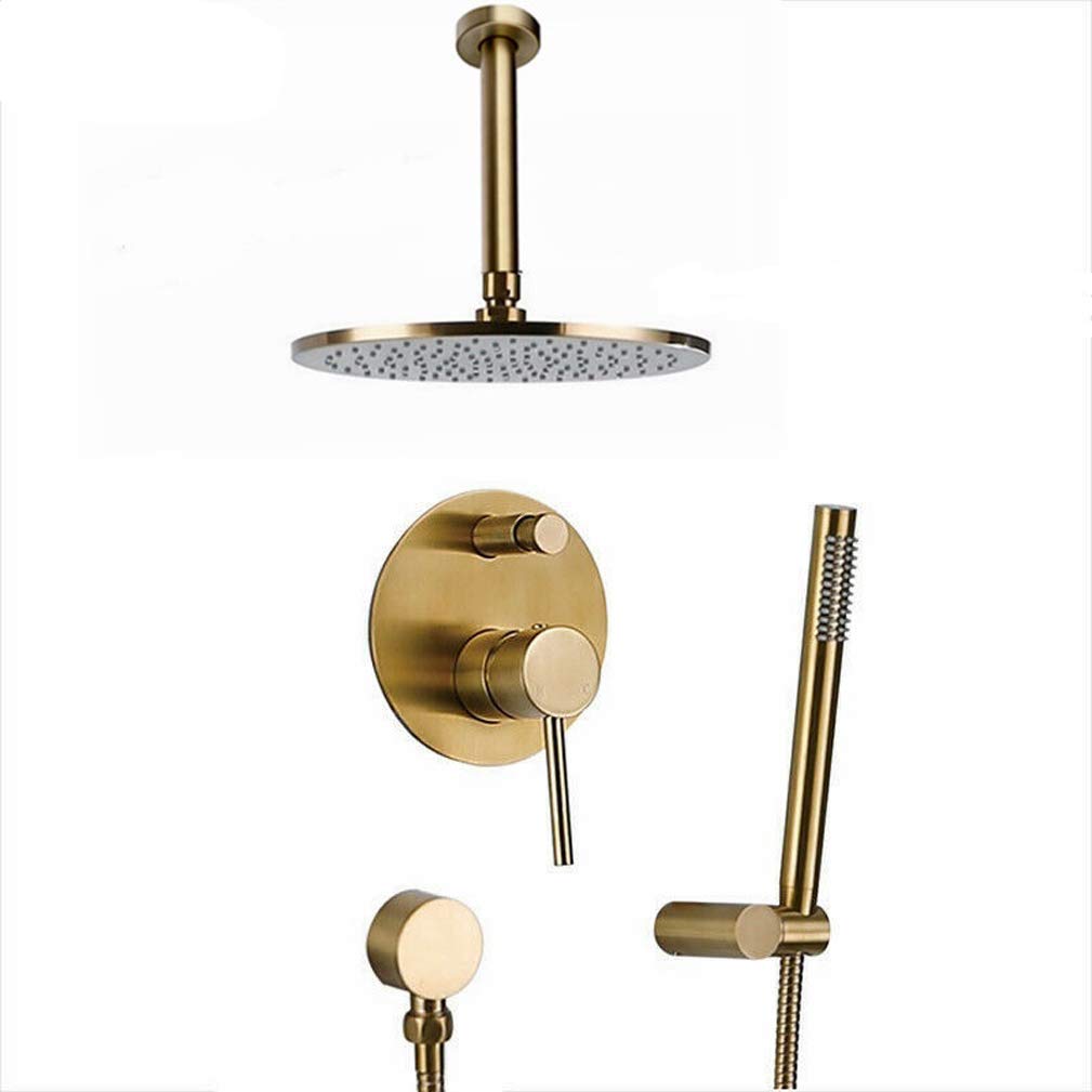 QUSYZD Shower System,Solid Brass Brushed Gold Bathroom Rianfall Shower Head Shower Faucet Ceiling Mounted Shower Arm Mixer Water Set, Luxury Shower Set,8Inch,10inch,8inch