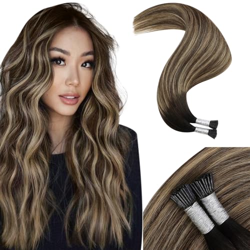 Image of Moresoo Itip Human Hair Extensions, Black Caramel BLonde Balayage, 14 Inch | 40g 50 strands, stick tip extensions, cold fusion installation, silver grey blend, fine hair, everyday office styling