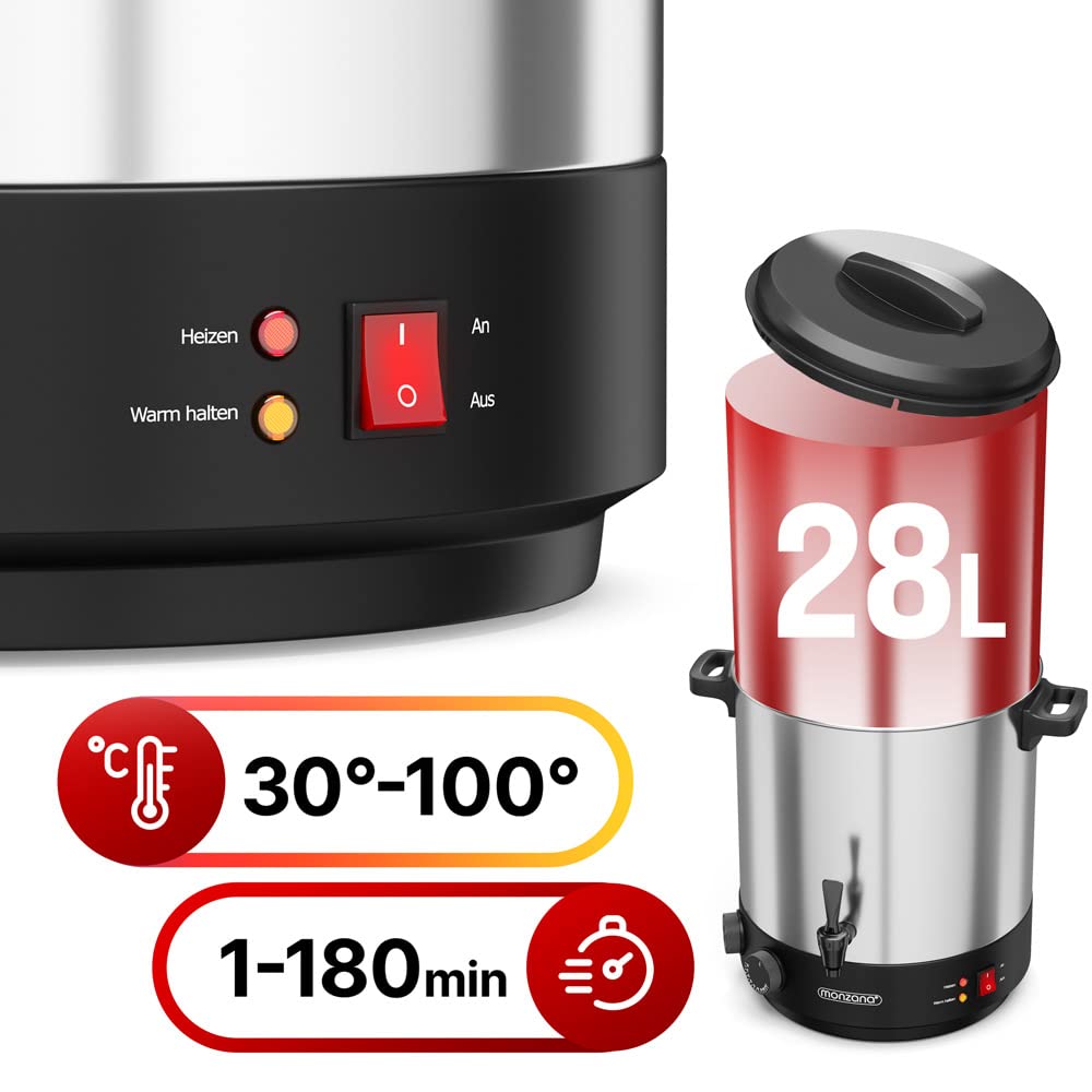 MONZANA® Distributeur de boissons chaudes 28L Stérilisateur de bocaux électrique en inox avec robinet et minuterie 1800W
