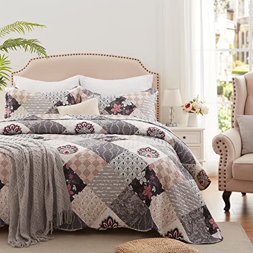 King Size Quilt Set 3 Pieces Lightweight Reversible Bedspread-98''x106'' Soft Patchwork Floral Coverlet Luxurious Warm Microfiber Bed Cover All Seasons Gray Bedding Set(1 Quilt,2 Pillow Shams)