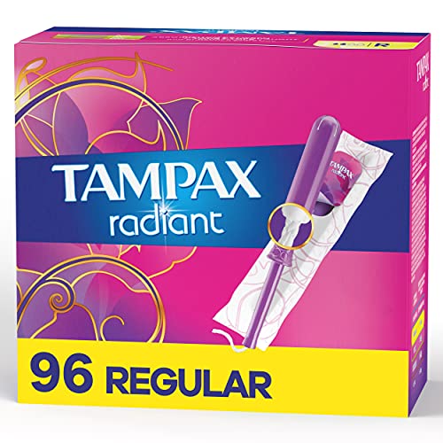 Tampax Radiant Tampons Regular Absorbency, 96 Count, BPA-Free Plastic Applicator and LeakGuard Braid, Unscented, 96 Count