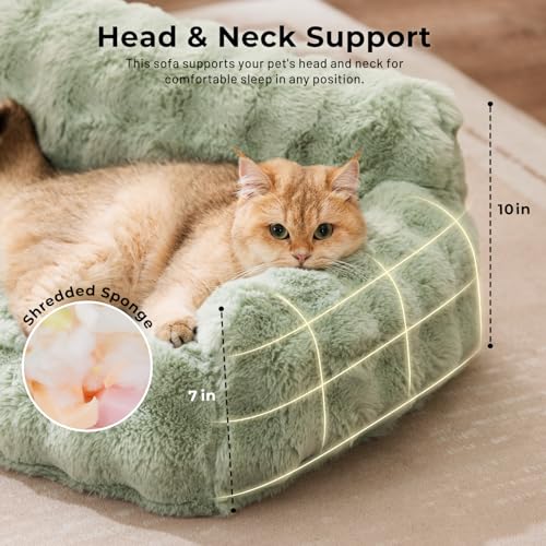 Orthopedic Cat Couch Bed for Indoor Cats, Cute Pet Sofa with Supportive Egg Foam, Fluffy Faux Fur Removable Washable Cover and Non-Slip Bottom, Ivory White - Image 4