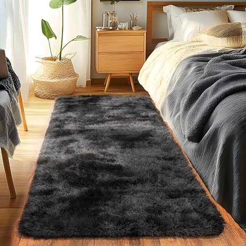 Runner Rugs for Bedroom 2x6 Rug Runners for Hallways Non Slip Soft Shag Bedside Rug, Fluffy Area Rug Throw Rugs for Living Room, Floor Carpet Runner for Nursery Kids Dorm, Dark Grey