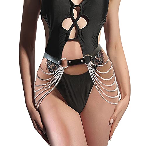 JasGood Damen Punk Taille Körperkette Gürtel, Punk Leder Körperzubehör Schwarz mit Goldene Kette, Party Sexy Gothic Accessoires für Frauen und...