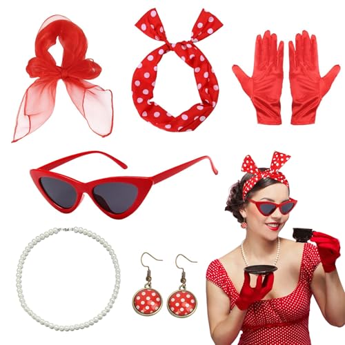 CHUANFU 8 Stück Rockabilly Accessoires Damen, 50er Jahre Damen Kleid Zubehör, 1950s Kostüm Set mit Schal Brille Handschuhe, Kleidung Vintage...