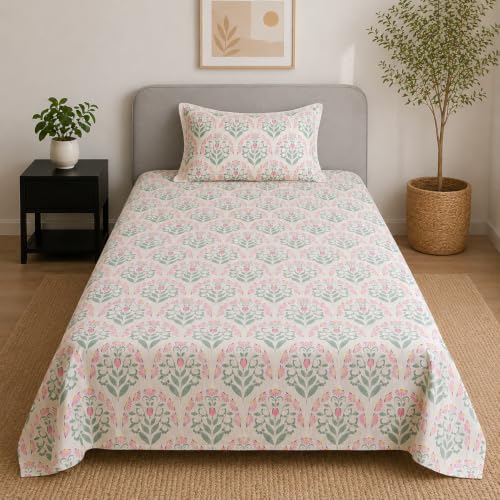 Image of Linen Home Cotton Percale Flat Bedsheet Set Single Size Sequence Pink