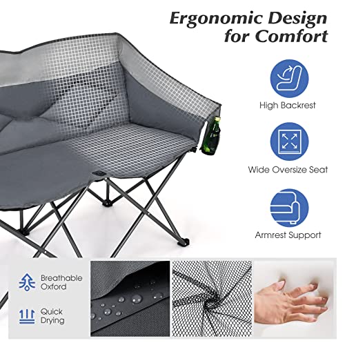 Tangkula Loveseat Camping Chair, Folding Camp Chair With Padded Seat, 2 Storage Pockets, Carrying Bag, Oversized Double Lawn Chair For Fishing Picnic Beach Travel, Supports 500Lbs (Gray) #TOP3