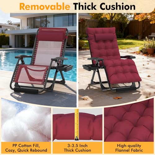 Image of Slendor Oversized Zero Gravity Chair XL,29IN Padded Anti Gravity Chair, Zero Gravity Lounge Chair, Folding Reclining Patio Chair w /Aluminum Alloy Lock, Headrest, Cup Holder, Wine Red