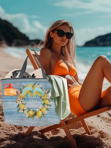 Beach Bags Women Mesh Tote Bag Farmhouse Lemon Flower Toy Grocery Pool Bag with Pockets for Travel/Picnic/Shower4