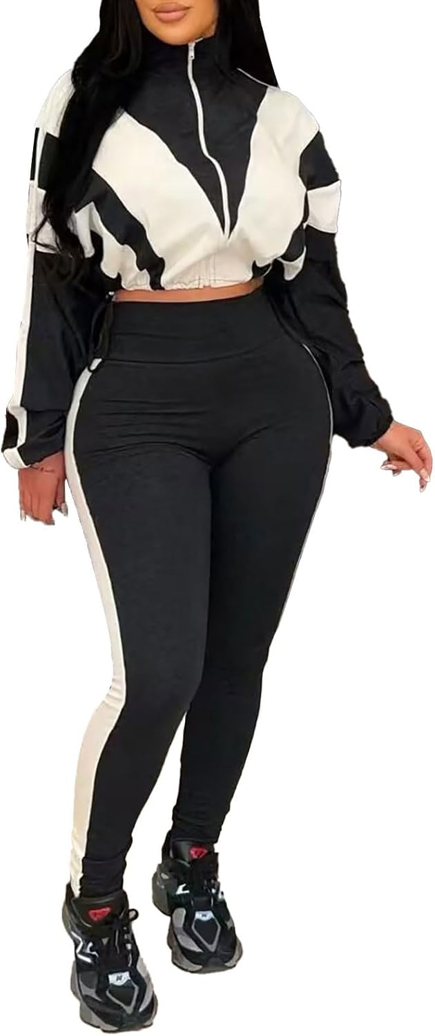Akmipoem Womens 2 Piece Outfits Color block Tracksuit Zip Up Cropped Jacket and High Waist Leggings Set