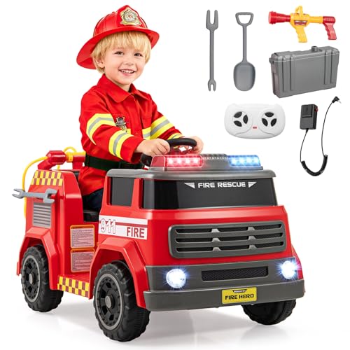 OLAKIDS 12V Ride on Fire Truck with Water Gun, Tank, Megaphone, Siren, Alarm Lamps, Shovel, Remote Control, Music, Aged 3+ Years