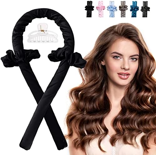 Heatless Hair Curling Rod Headband for Long Hair, No Heat Hair Curler Rollers Set can Sleep in Overnight, Satin Curl Ribbon Hair Wrap with Scrunchie and Hair Clips to Get Natural Waves Black