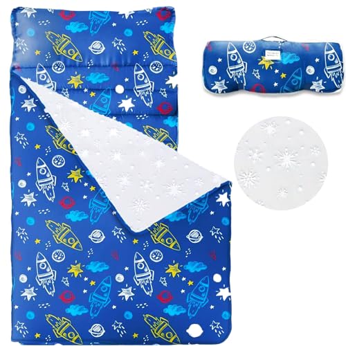 Haleeone Toddler Nap Mat with Removable Pillow and Blanket, Cot Nap Mats for Daycare Preschool Kindergarten, Roll Up Lightweight Portable Travel Sleeping Bag, Blue Space