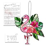 Flamingo Fensterdeko Hängend, 2D Acryl Sonnenfänger mit Kette & Grußkarte, Vogel Palme Anhänger Wandschmuck für Wohnzimmer Schlafzimmer, Perfekte Flamingo Geschenk für Familie Freunde