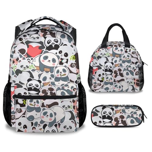 Panda Backpack with Lunch Box Set for Girls, 3 in 1 School Backpacks Matching Combo, Cute Black Bookbag and Pencil Case Bundle