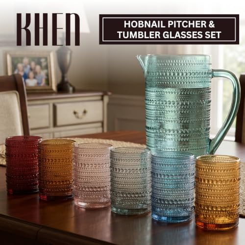 Image of Khen Hobnail Beaded Pitcher & Tumbler Glasses Set | Set of 6 Glasses & Carafe| Vintage 11 OZ Lowball & 2.4 Litter Glass Muted Bubble Design, Old-Fashioned, Embossed Design - Water, Wine, Cocktail