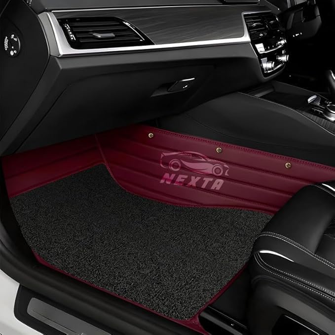 Image of Premium 12D Car Foot Mat for Range Rover Evoque (2017-2021) | Luxury Leather | Double Layered | Waterproof and Washable | Custom Fit | Detachable Grass Mat | Cherry with Black