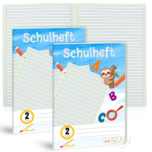 3er-Pack Schreiblernheft Lineatur 2 Din A4 1 Hefte je 16 Blatt Deutschheft 2 Klasse Als Schreiblernheft 100g/mBezug Runde Ecken Verhindern Eselsohren Liniertes Heft Farbig Hinterlegte Lineatur