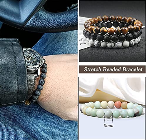Jewdreamer 12Pcs Natural Stone Beaded Bracelets for Women Men Semi-Precious Gemstones Bracelets Crystal Beaded Bracelet Unisex Adjustable Stretch Bracelets 8MM3