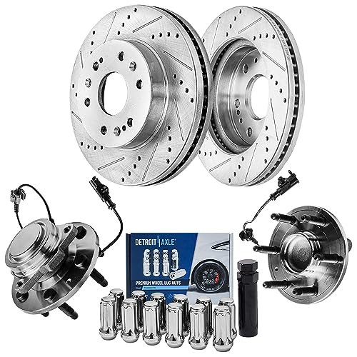 Image of Detroit Axle - RWD Front Brake Kit for GMC Sierra Chevy Silverado 1500 | Tahoe Avalanche Cadillac Escalade ESV, Drilled & Slotted Brake Rotors Wheel Bearing Hubs Wheel Lug Nuts Socket Key