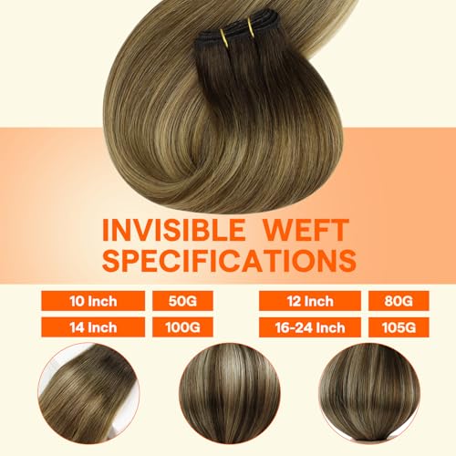 Image of Full Shine Weft Hair Extensions 16 Inch 105G Ombre Brown Mix Honey Blonde | Sew In Hair Extensions, Balayage Weft, Dark Brown To Brown Mix Honey Blonde, Remy Human Hair, Daily Wear For Women