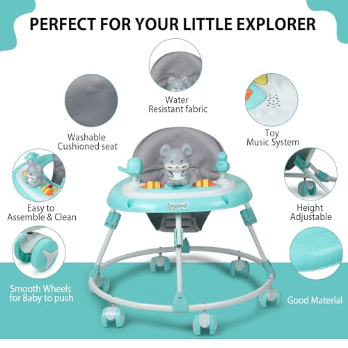 Image of JoyRide Musical Baby Walker with Adjustable Seat, Interactive Toy Bar, Foldable Design, 6-18 Months (Green)