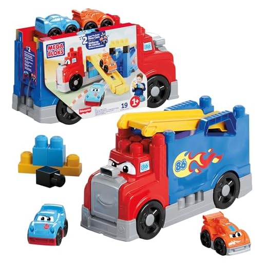 MEGA BLOKS First Builders speelgoedset met bouwblokken voor peuters, Bouw- en Racetruck met 19 onderdelen, 2 race-auto's en opslag, rood, leeftijd vanaf 1 jaar, JFR29