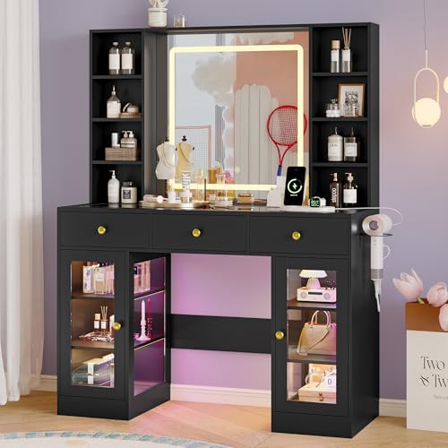 Image of Makeup Vanity Desk with Mirror and Lights, 43 inch Black Vanity with Glass Top, Jewelry Storage, 3 Drawers & Glass Cabinets, Power Outlet & Adjustable LED Lights, Dressing Table for Women & Girls Bedroom