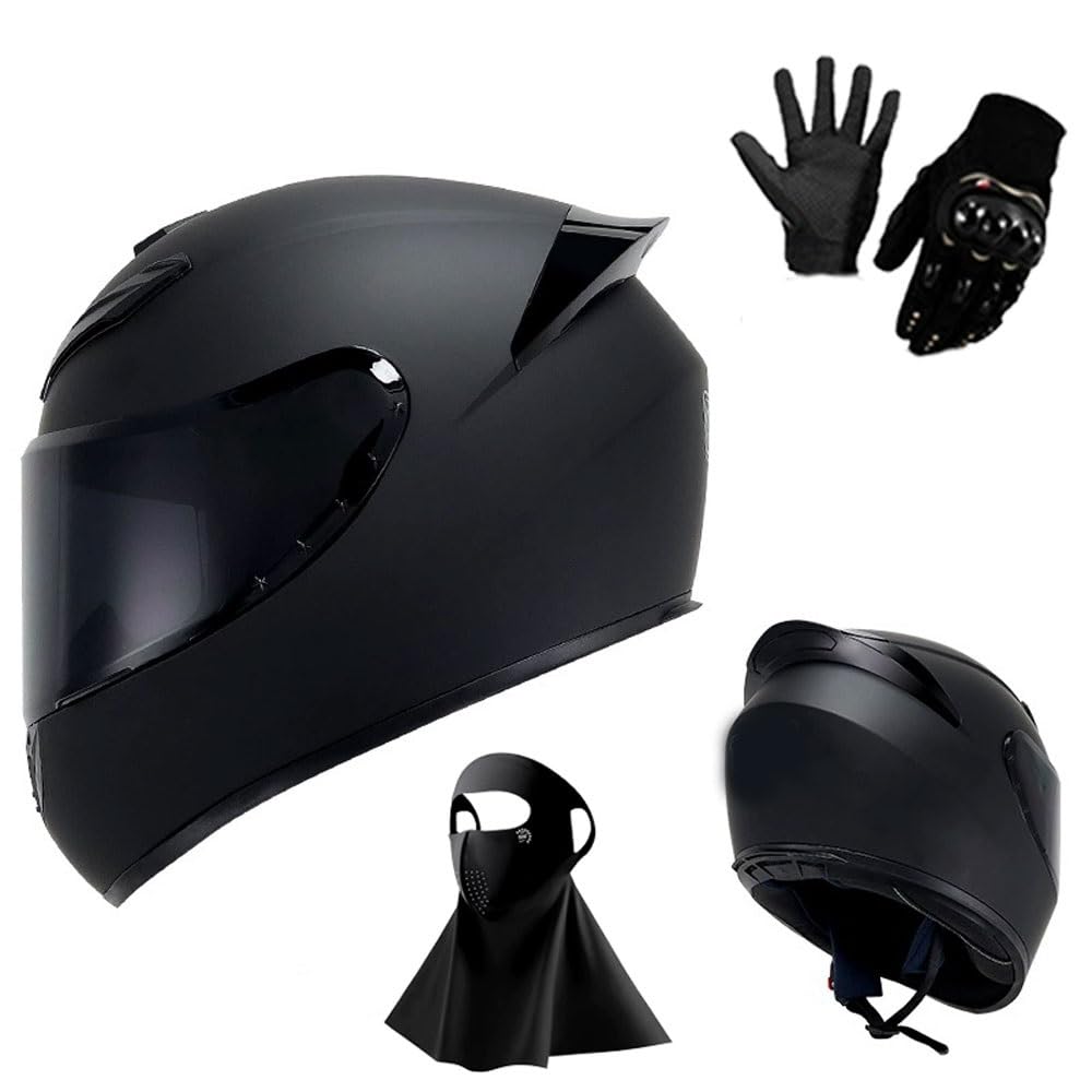 Casco Integral de Motocicleta 2025 con Visera Solar Negra para Adultos, Casco de Moto de Carreras de Calle con Guantes Y MáScara, Aprobado por El Dot