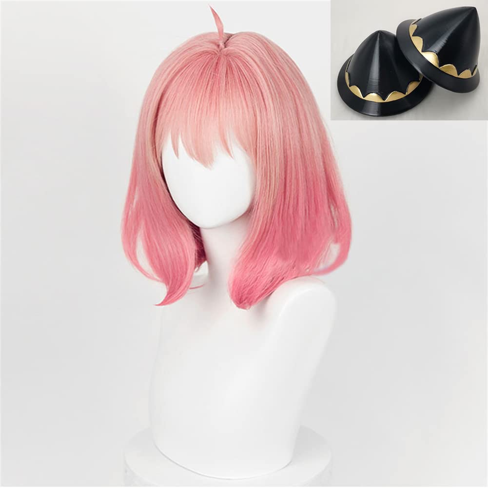 Xingwang Queen Anime Anya Forger Cosplay Wig Short Gradient Pink Party Wigs for Women Girls (Wig+Hairpins)