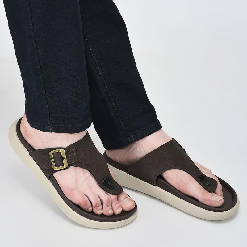 Image of FAUSTO Men Buckle Adjustable T-Strap Side Stitched Summer Waterproof Slip On Sandals|Comfort Featherlite Insole|Thong Slipper for Monsoon Rainy Season