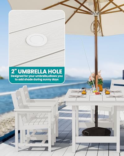 Image of SERWALL 7 Pcs Outdoor Dining Set, 1 Umbrella Hole Table & 6 Chairs, White | HDPE Outdoor Dining Furniture with Rectangular Table & 6 Chairs, All-Weather Resistant SERWALL Dining Set for 6