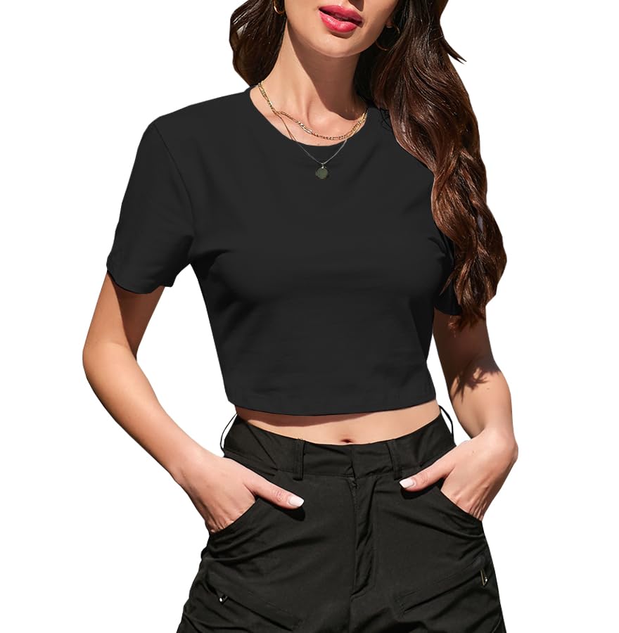 Image of Betusline Girls & Women Basic Summer Short Sleeve Slim Fit T-Shirts Soft Crewneck Crop Y2k Tee Cute Gym Fashion Clothes