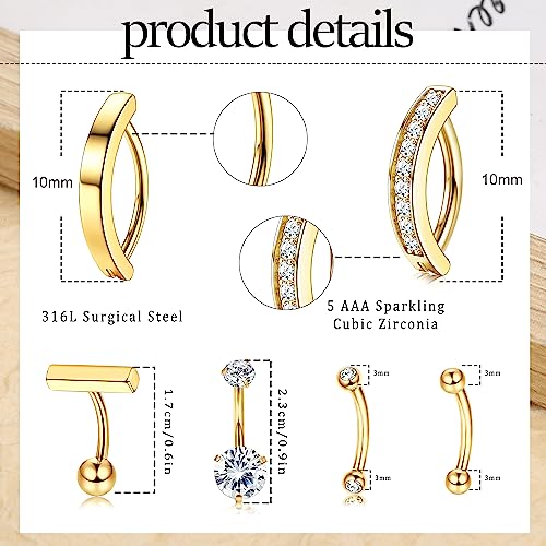 Florideco 6pcs 14G Belly Button Rings For Women Surgical Steel Belly Rings Clicker CZ Navel Rings Simple Small Belly Ring Body Jewelry 10mm 12mm Curved Barbell3