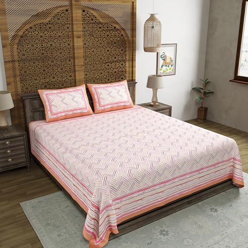 Image of BLOCKS OF INDIA Hand Block Printed 200 TC Cotton Super King Size Bedsheet(106 x 106) (Multi 12)