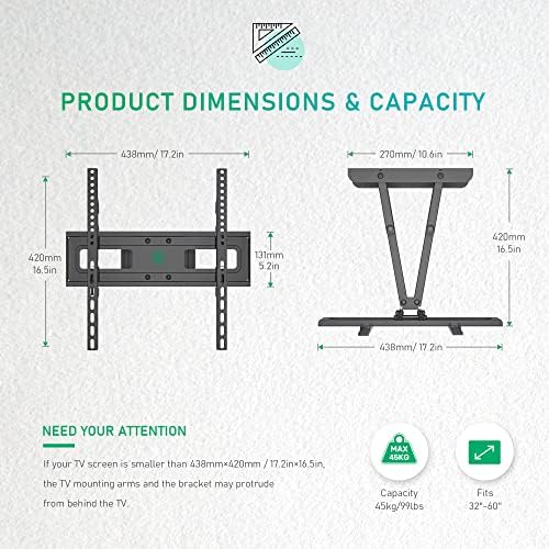 TIPTOP GEAR TV Wall Bracket for 32-60 Inch Flat & Curved TVs, Swivels Tilts Extends, Double Arm Full Motion TV Wall Mount Holds up to 45kg, Max. VESA 400x400mm, Includes HDMI Cable, 5 Cable Ties